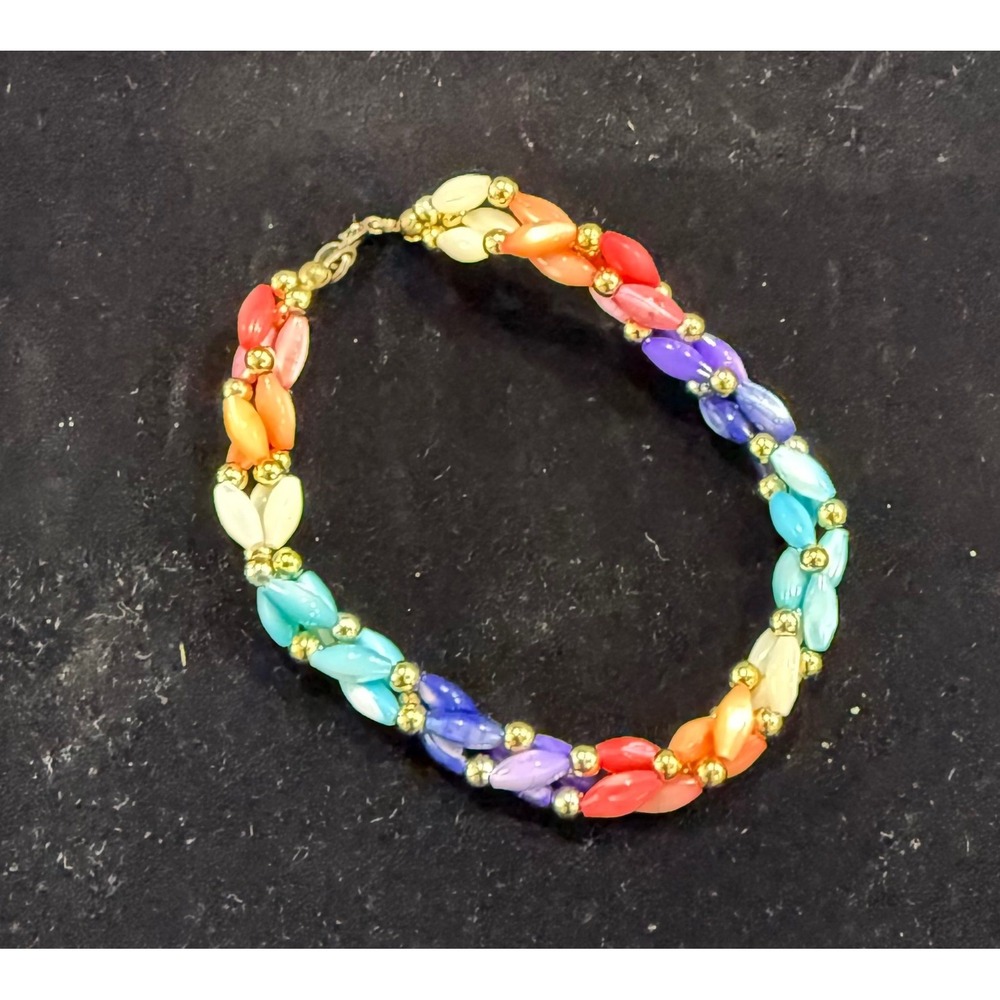 Vintage Rainbow Beaded Bracelet Gold Tone Colorful Retro
